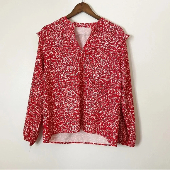 Leaf Print Ruffle Chic Blouse XL Split Neck Romantic Whimsical Boho Coquette - Picture 2 of 9